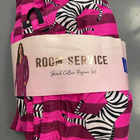 NEW Room Service Women's L Shawl Collar Pajama Set Pink Zebra & Stripe Pattern - Picture 7 of 11